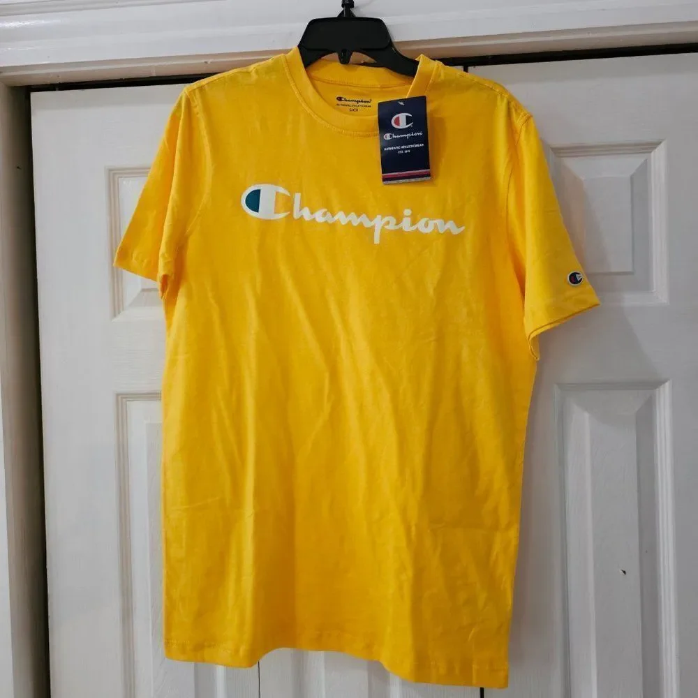 Champion Men's Yellow Cotton Midweight Crewneck Graphic Script T-shirt Size S - Picture 3 of 7